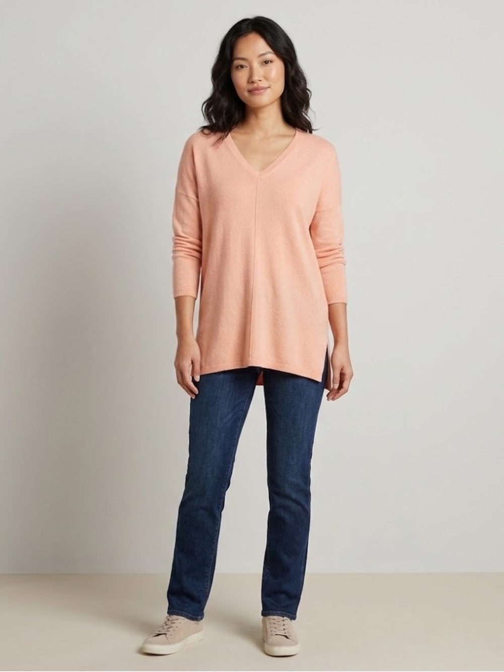 Staccato Peach V-Neck Sweater, Size Medium, center Seam, Long Sleeve, Soft Fall